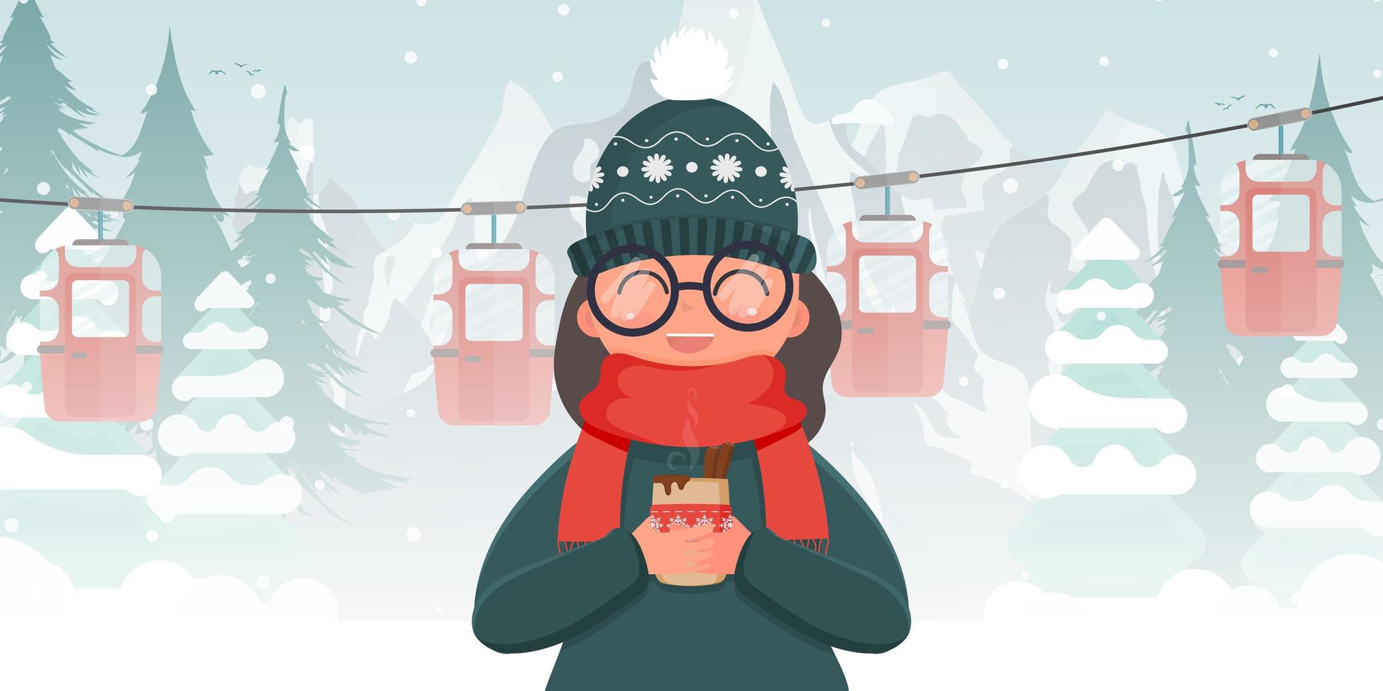 una ragazza in abiti invernali tiene in mano una bevanda calda. funivia o funicolare. illustrazione vettoriale. vettore