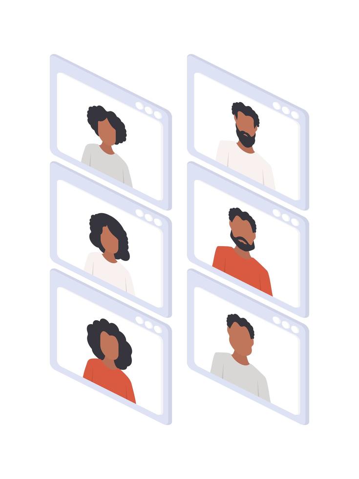 finestra di chat isometrica. persone afroamericane a una conferenza online. finestra dell'applicazione. Isolato su sfondo bianco. illustrazione vettoriale. vettore