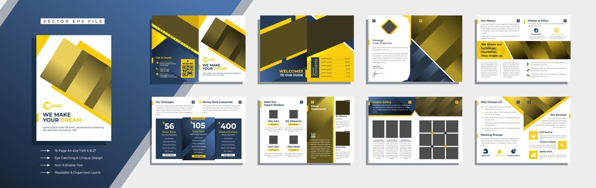 16 pagine giallo gradiente costruzione paesaggio bi-fold brochure premium template vector su sfondo bianco