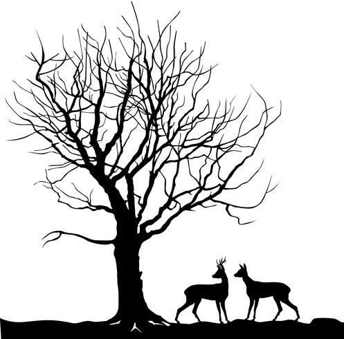 Cervo animale sopra albero Forest landscape. Silhouette natura selvaggia vettore