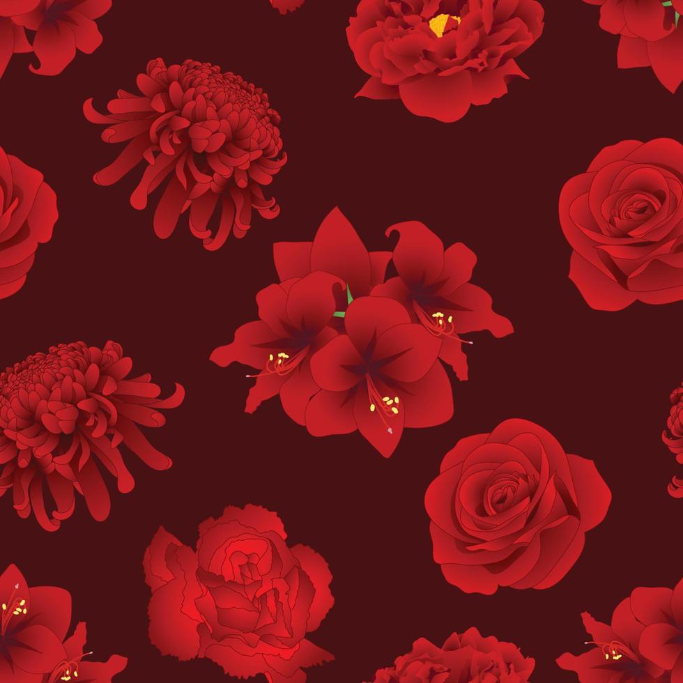 sfondo di fiori di rosa rossa, crisantemo, garofano, peonia e amarillide vettore