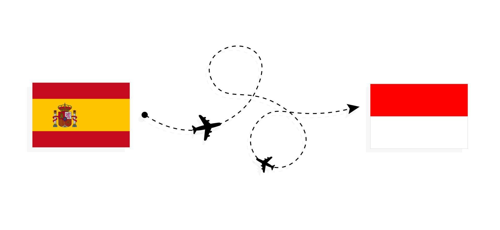 volo e viaggio dalla spagna all'indonesia con il concetto di viaggio in aereo passeggeri vettore