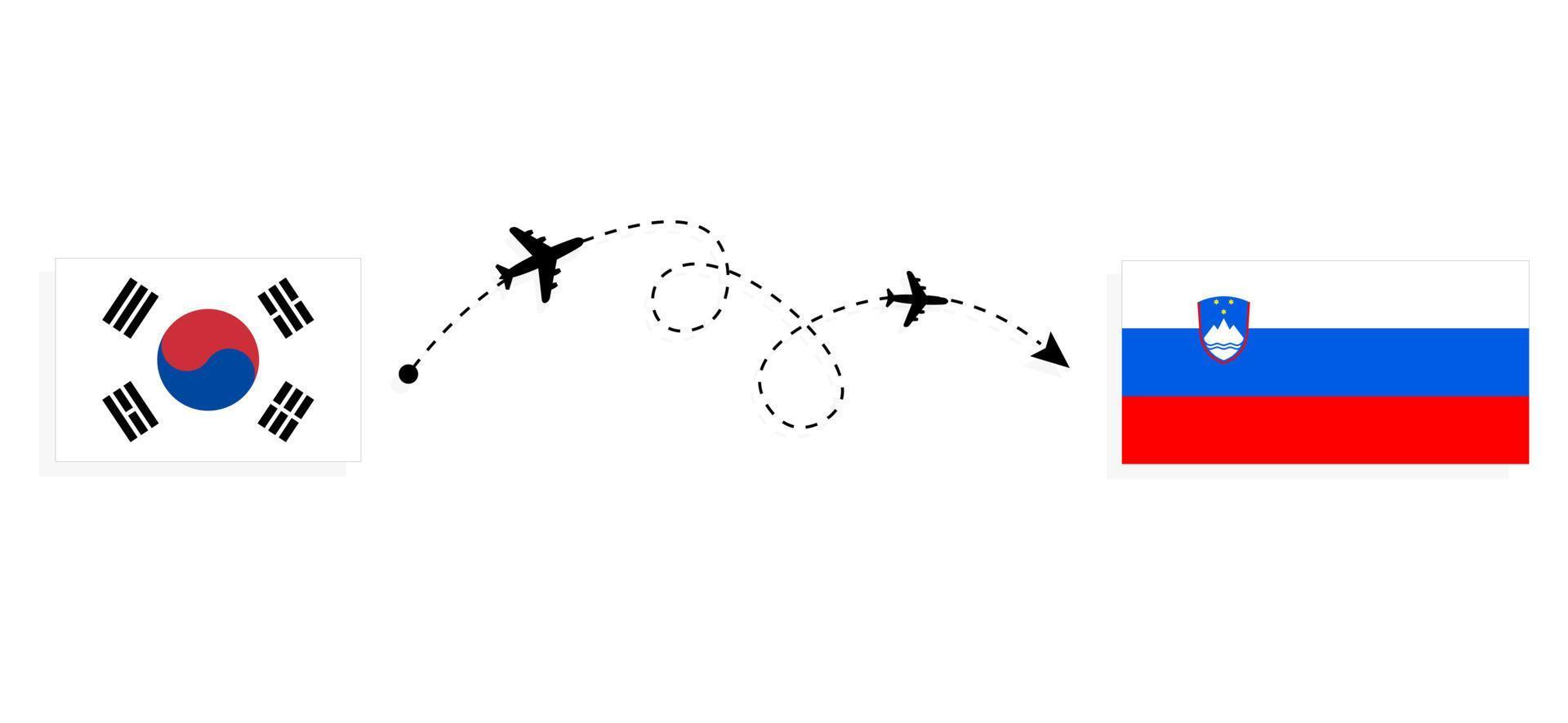volo e viaggio dalla Corea del Sud alla Slovenia con il concetto di viaggio in aereo passeggeri vettore