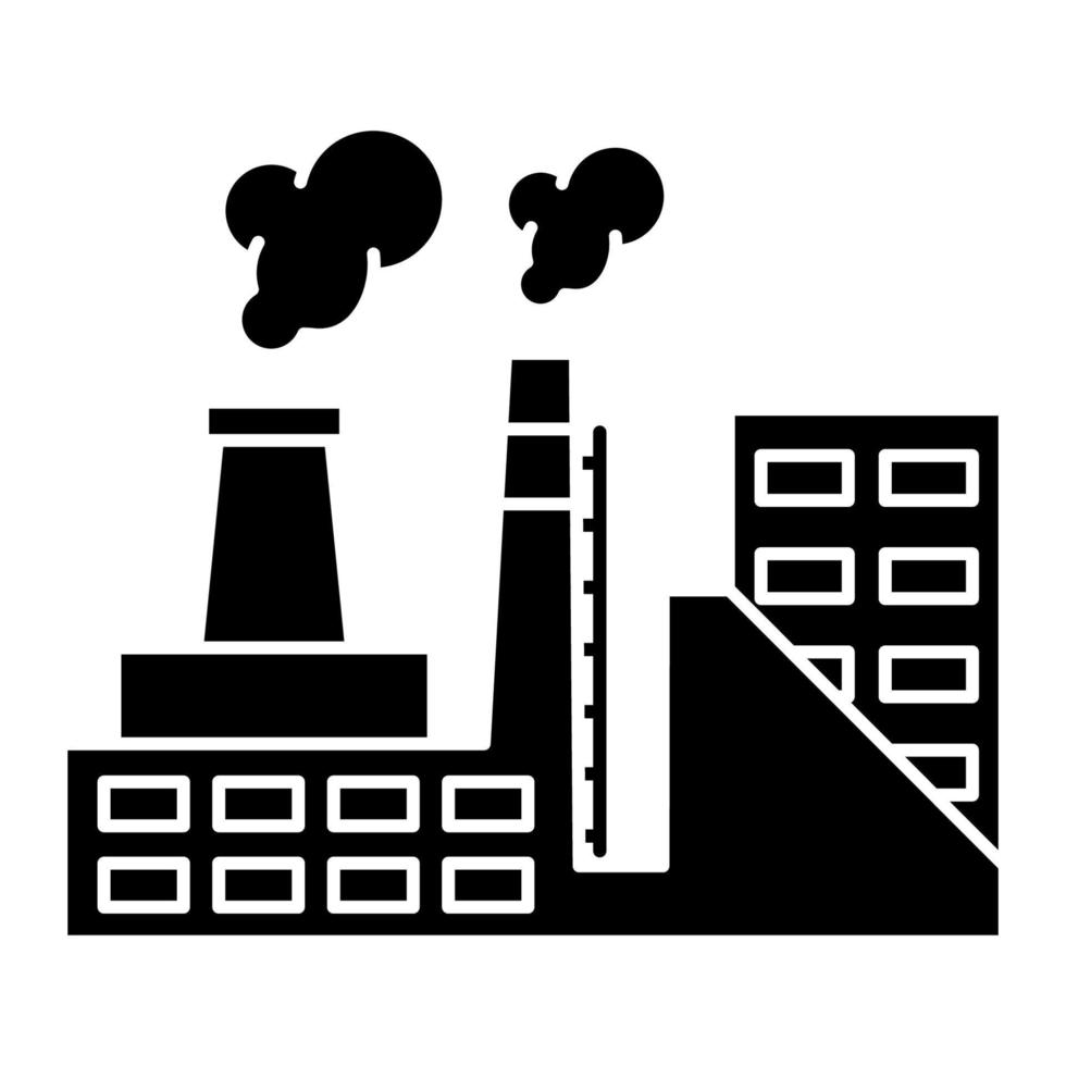 icona di fabbrica. vettore edificio industriale con fumo. sagoma nera dell'oggetto di produzione. impianto per il design industriale