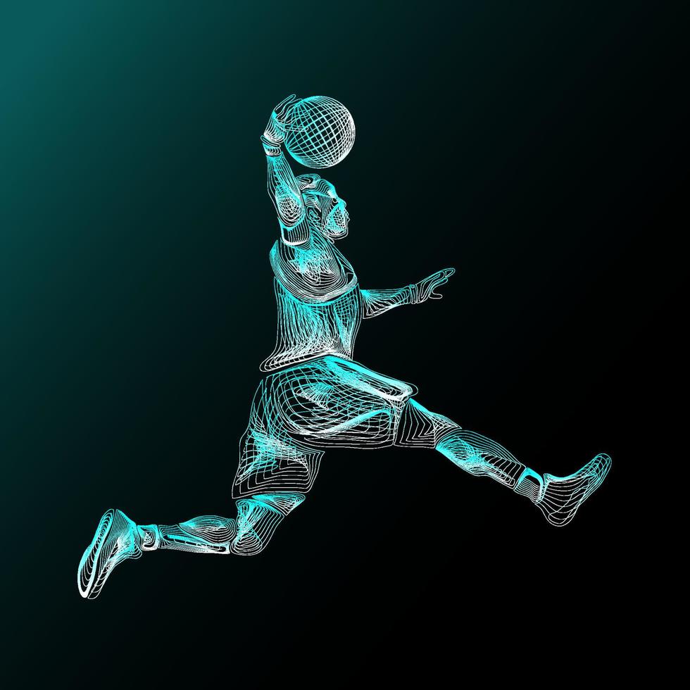 figura di azione del giocatore di basket line art. azione umana su linee di movimento. schiacciata nei bassifondi di basket. vettore