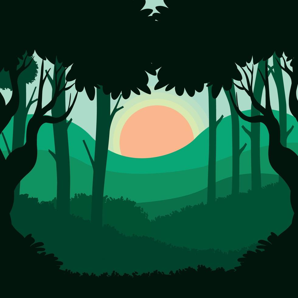 sfondo della foresta di vettore. alberi, cespugli e colline dietro, illustrazione piatta in silhouette. vettore