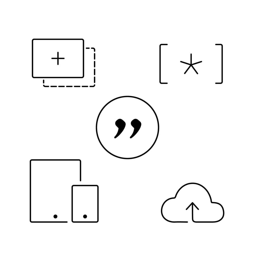 set di cinque icone vettoriali di contorno per l'interfaccia utente: aggiungi, destinazione, adattivo, citazione, cloud