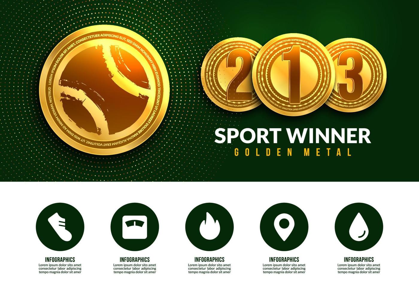 medaglia d'oro del tennis per il vincitore con icone infografiche, medaglie vincenti per lo sport per il primo secondo e terzo posto banner vettore