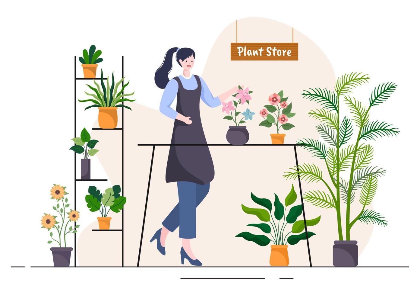 negozio di fiori e negozio di piante con cura dei fioristi, prodotti naturali biologici per la decorazione del giardino di casa in verde su sfondo piatto illustrazione vettoriale