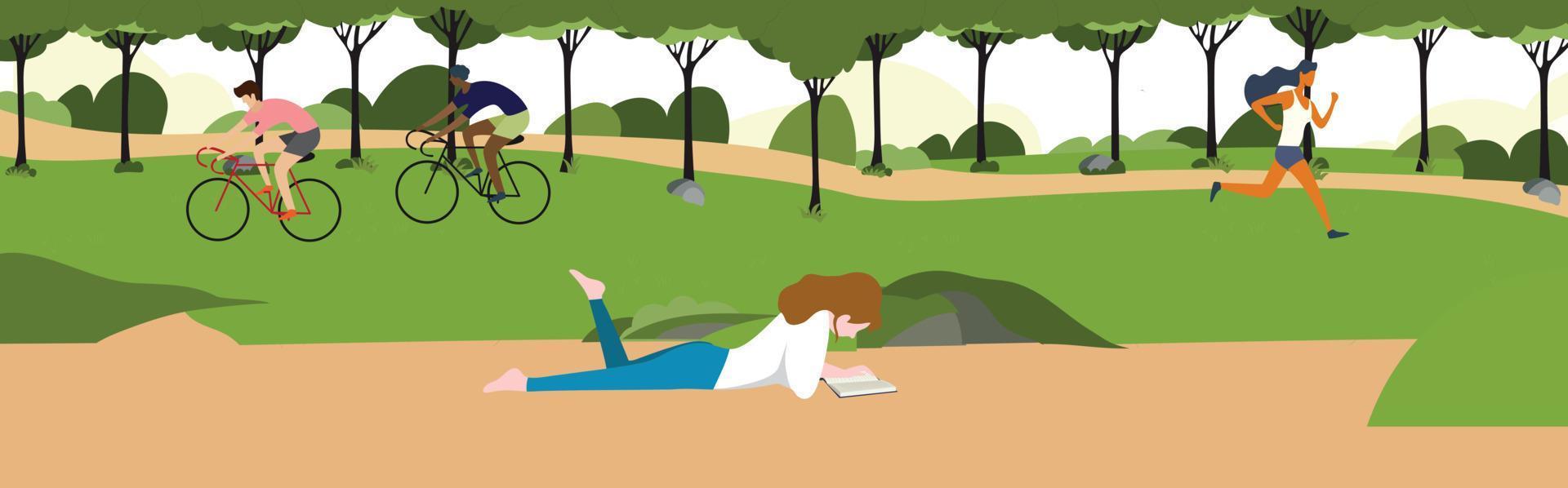 parco cittadino mattutino con donne sedute sull'erba che leggono un libro, stile di vita cittadino delle persone nell'ora legale vettore