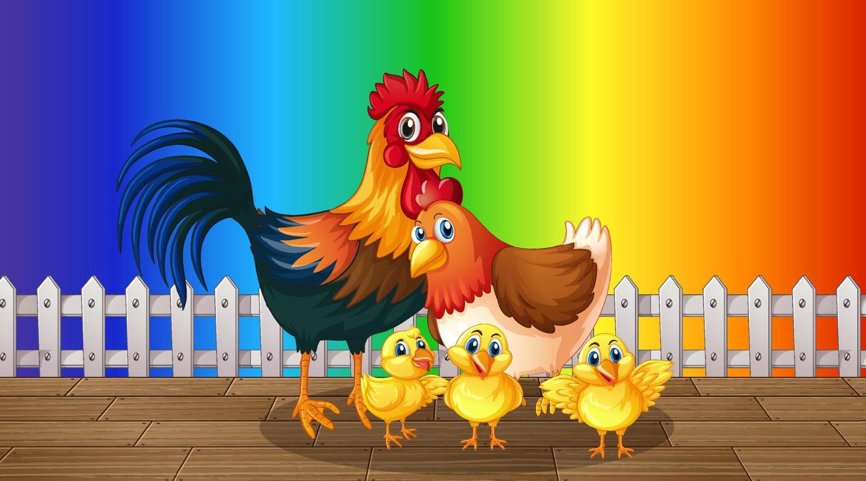 personaggio dei cartoni animati di molti polli su sfondo sfumato arcobaleno vettore