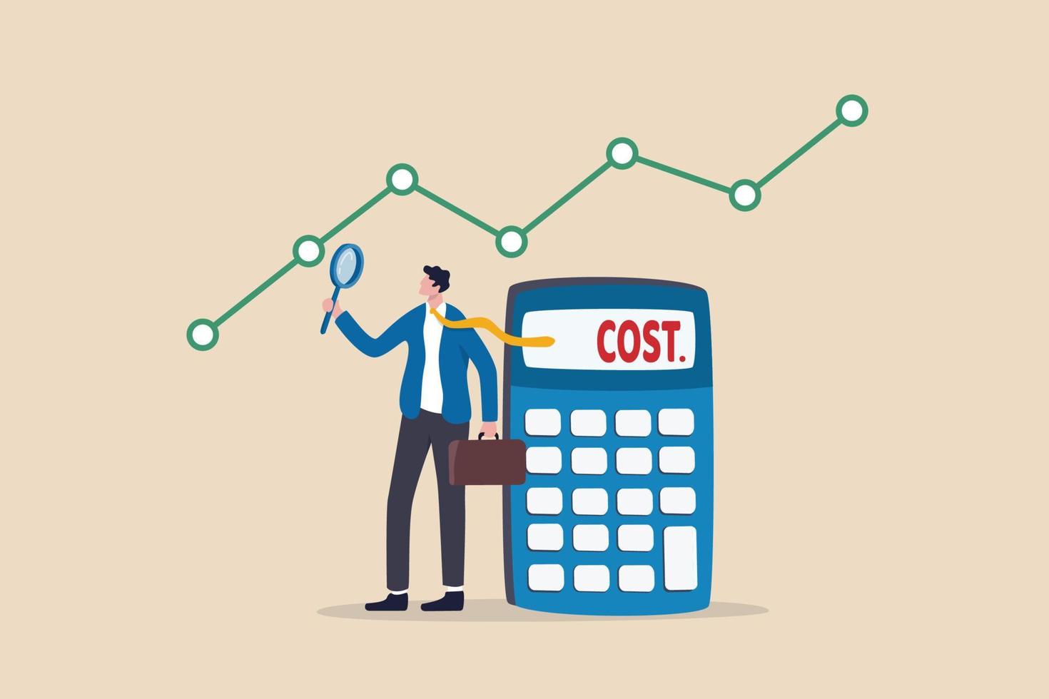 gestione dei costi o analisi delle spese, strategia aziendale per analizzare e ridurre i costi per ottenere più profitto, uomo d'affari intelligente che utilizza la lente d'ingrandimento per analizzare il grafico dei costi con la calcolatrice. vettore