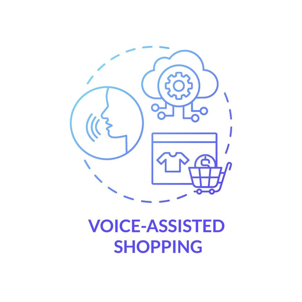 icona del concetto di sfumatura blu dello shopping assistito dalla voce. i clienti supportano la digitalizzazione. servizio di acquisti online idea astratta linea sottile illustrazione. disegno a colori di contorno isolato vettoriale