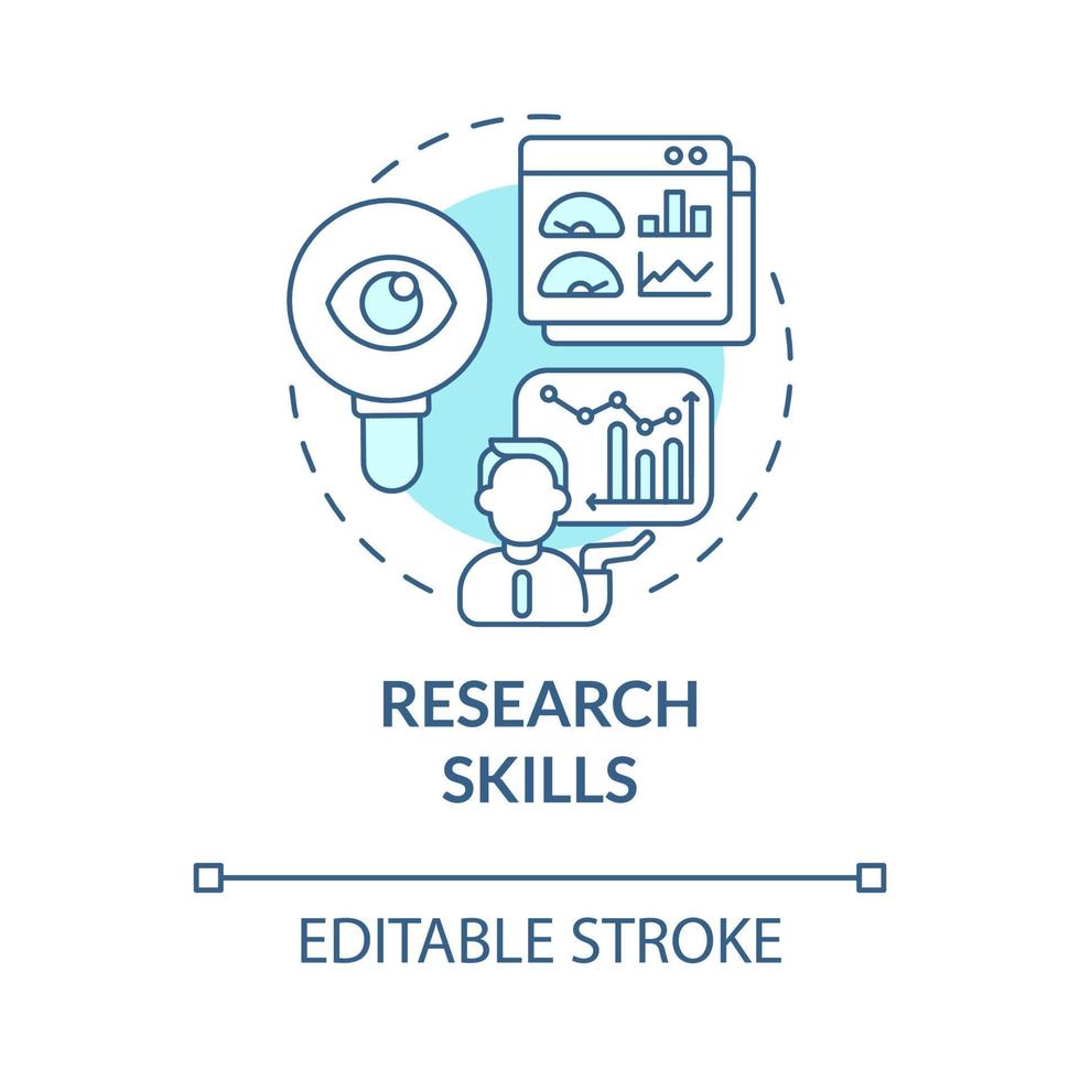 capacità di ricerca icona del concetto blu turchese. processo di analisi aziendale. strategia di marketing dell'idea di sviluppo aziendale illustrazione al tratto sottile. disegno a colori di contorno isolato vettoriale. tratto modificabile vettore