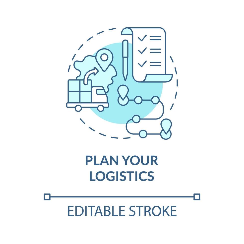 pianifica la tua logistica blu turchese concetto icona. trasporto di distribuzione. selezione di merci spedizione idea astratta linea sottile illustrazione. disegno a colori di contorno isolato vettoriale. tratto modificabile vettore