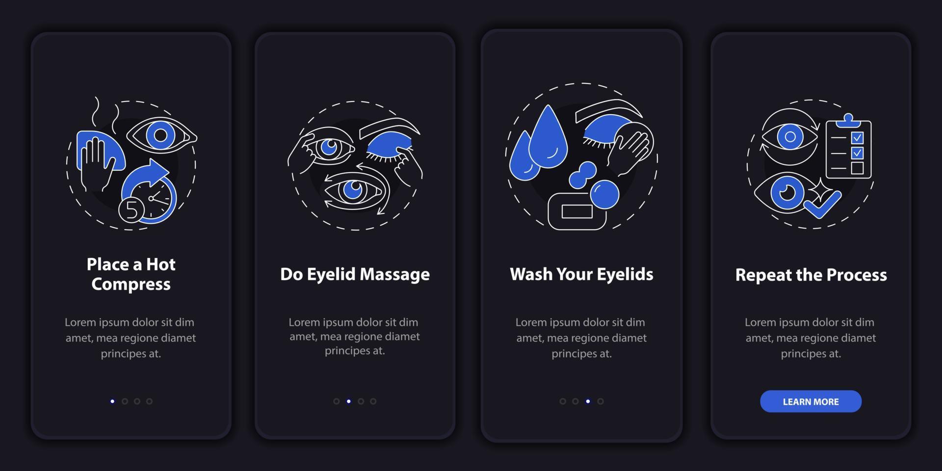 pulizia degli occhi neri onboarding schermata della pagina dell'app mobile. prepararsi per l'intervento chirurgico procedura dettagliata 4 passaggi istruzioni grafiche con concetti. modello vettoriale ui, ux, gui con illustrazioni in modalità notturna lineare