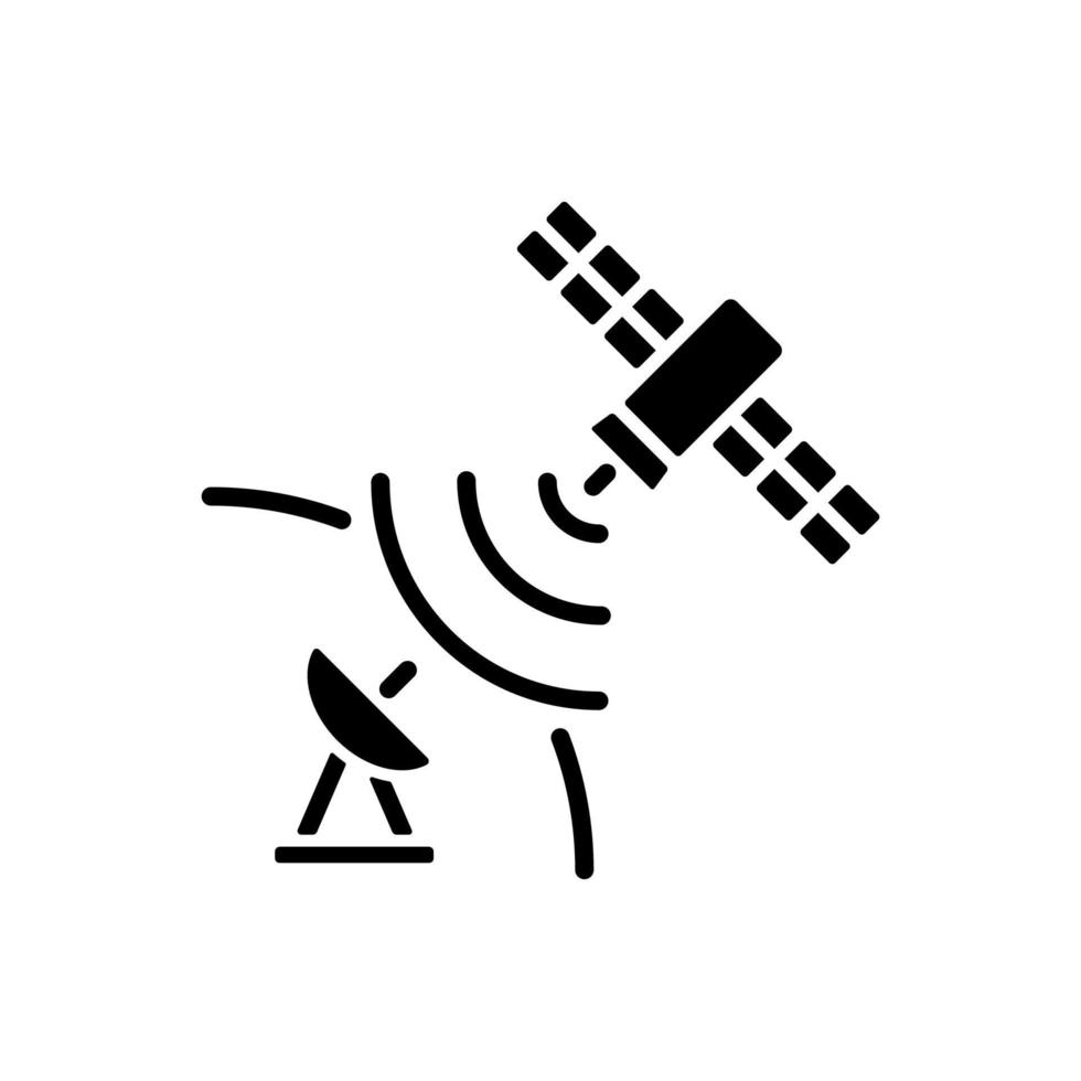 icona del glifo nero del segnale satellitare. antenna satellitare di ricezione del segnale. connessione alla rete globale di telecomunicazioni. simbolo della siluetta su spazio bianco. illustrazione vettoriale isolato