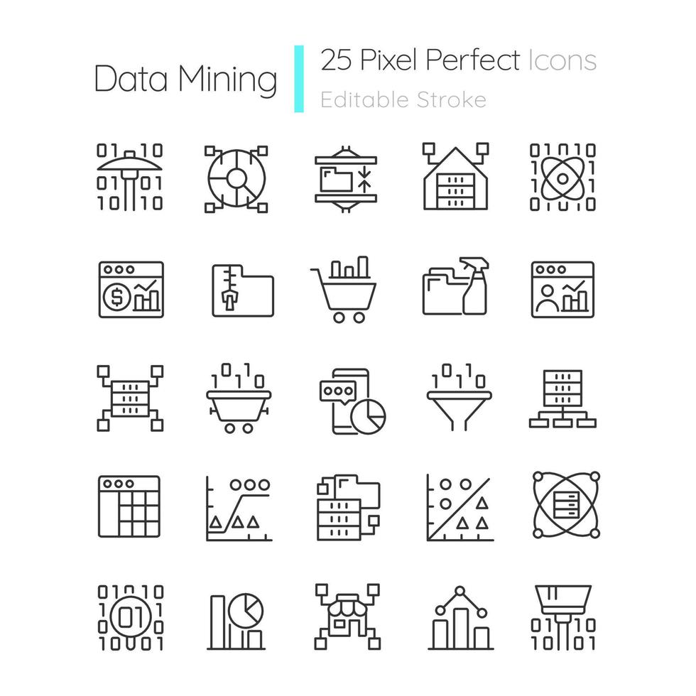 set di icone pixel perfette lineari di data mining. scoperta della conoscenza nei dati. simboli di contorno a linea sottile personalizzabili. illustrazioni di contorno vettoriale isolate. tratto modificabile. carattere sabbie mobili utilizzato