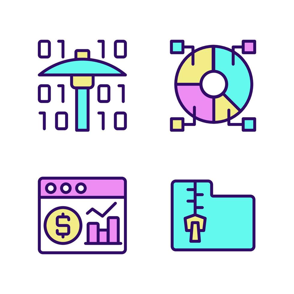 tecniche di dati finanziari set di icone perfette pixel a colori rgb. analizzare e memorizzare le informazioni. trovare nuovi canali di sviluppo. illustrazioni vettoriali isolate. semplice raccolta di disegni al tratto riempiti