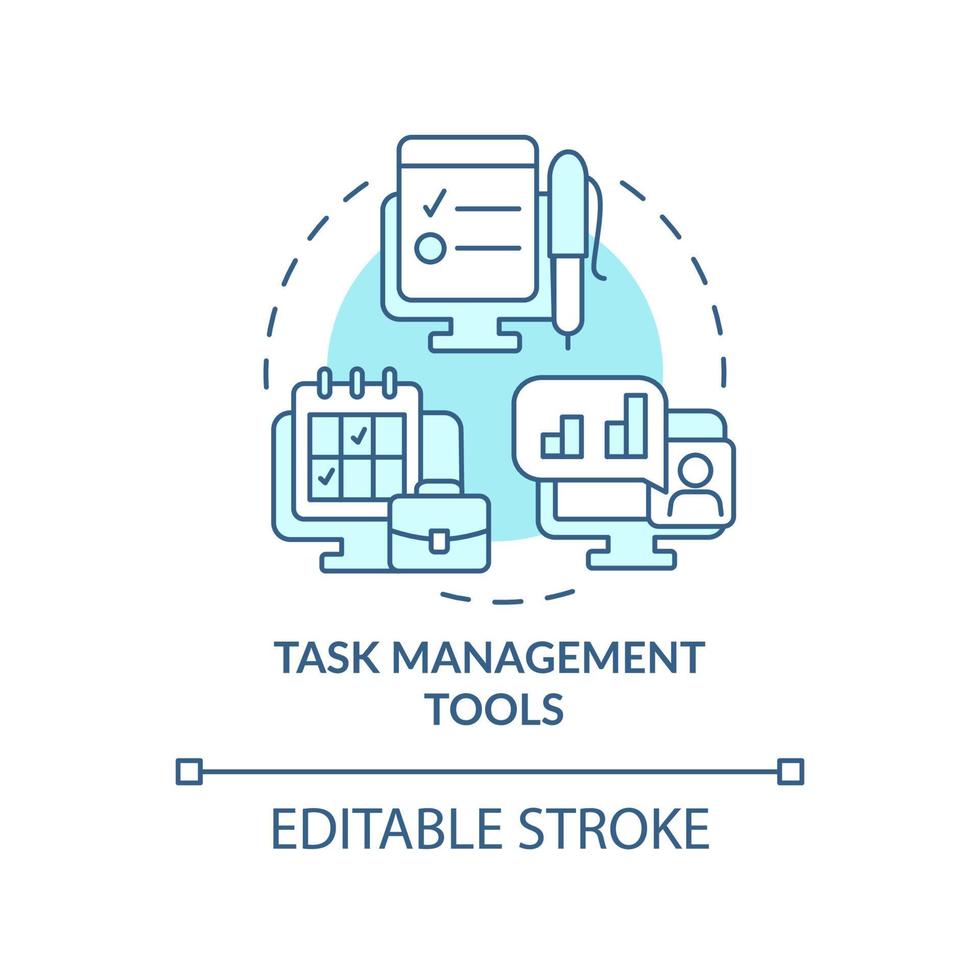 strumenti di gestione delle attività icona del concetto turchese. creazione di elenchi di cose da fare illustrazione al tratto sottile dell'idea astratta. disegno di contorno isolato. tratto modificabile. roboto-medium, una miriade di caratteri pro-grassetto utilizzati vettore