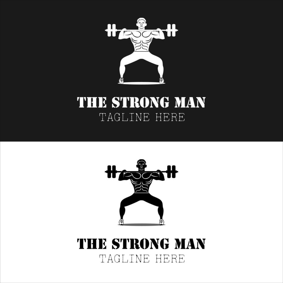 uomo forte palestre bodybuilder maschio sollevamento pesante bilanciere silhouette nera per il retro vintage timbro palestra logo design vector