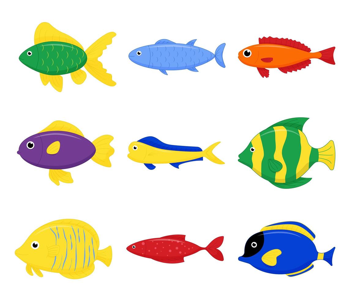 simpatico set di pesci di mare. personaggio dei cartoni animati di vettore nell'oceano. pesce tropicale