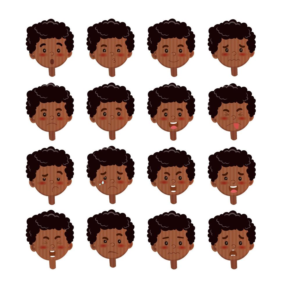 fumetto illustrazione del ragazzo afro-americano. set di emozioni per bambini neri. espressione facciale. avatar del ragazzo dei cartoni animati. illustrazione vettoriale del personaggio dei cartoni animati del bambino