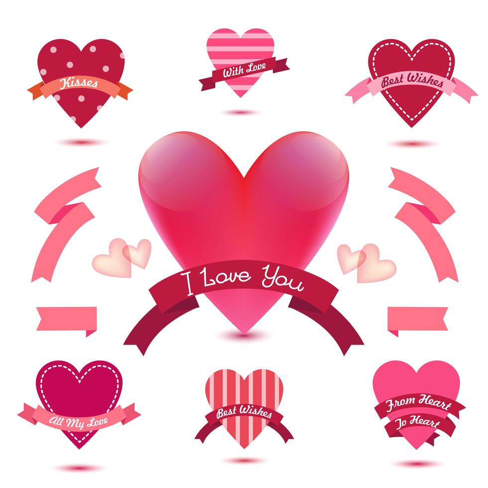 set vettoriale di banner cuore, nastri, distintivi d'amore, icone. set di san valentino vintage, collezione romantica