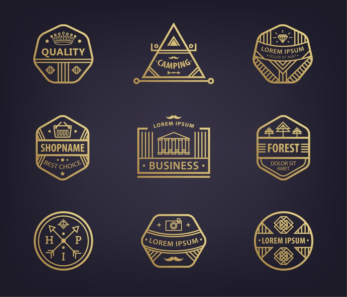 set di modelli di logotipo lineare vettoriale e badge con, vari badge retrò hipster, icone per il business. premium, qualità geometrica astratta