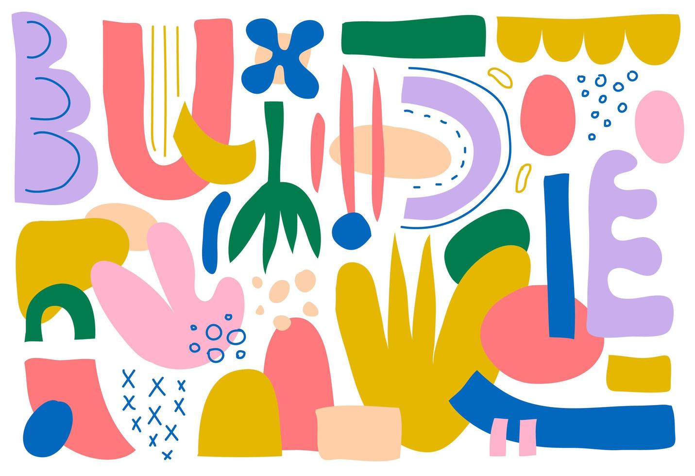 modello collage vettoriale, sfondo. varie forme disegnate a mano e oggetti doodle, fiori, foglie. illustrazione astratta contemporanea moderna alla moda vettore