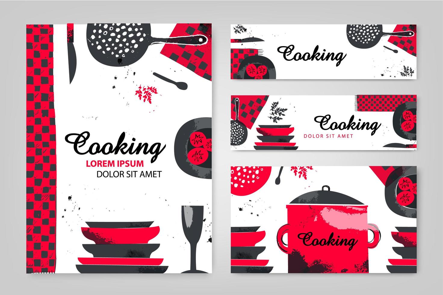 set di menu del ristorante, brochure di cucina, modelli di design per volantini in formato a4 e banner web. illustrazioni vettoriali, poster per materiale di marketing alimentare, annunci, modelli di presentazione, copertina vettore