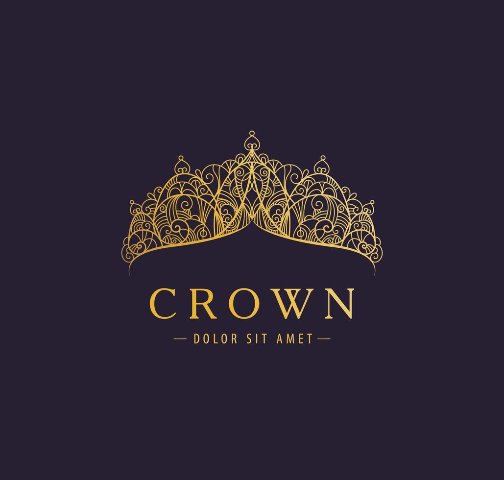 lusso astratto, disegno vettoriale dell'icona del logo della società d'oro reale. elegante corona, tiara, simbolo premium diadema. gioielli in pizzo disegnati a mano, arabo, ristorante