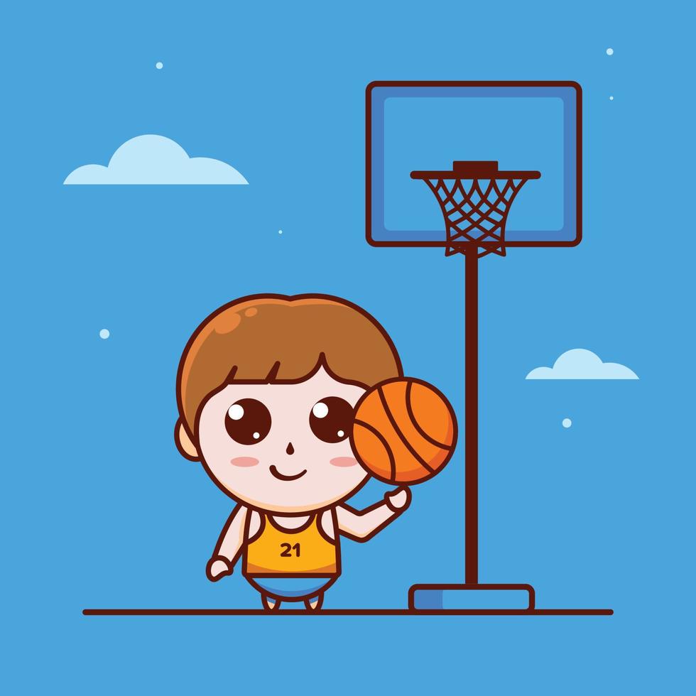 cartone animato carino ragazzino che gioca a basket con sorridente, icona illustrazione vettoriale