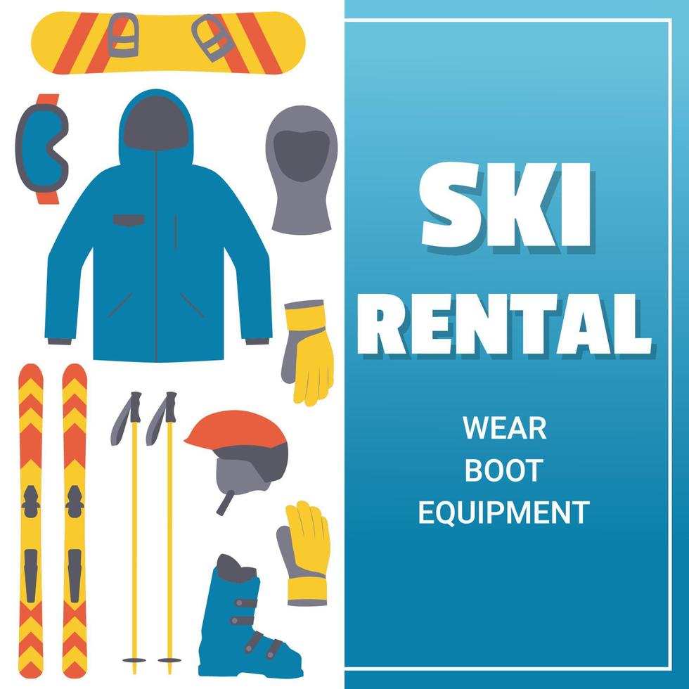 modello di noleggio sci. attrezzatura da sci e snowboard. sport invernali vettore