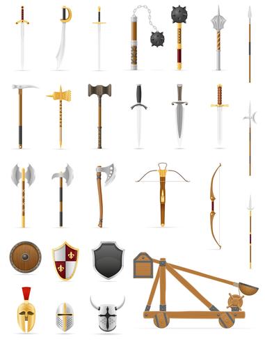 illustrazione di stock di armi antiche battaglia icone set vettore