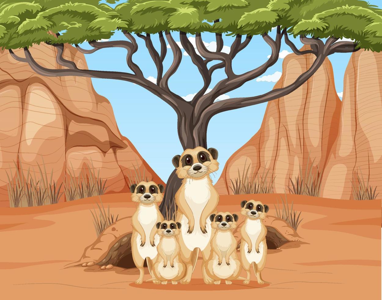 sfondo del deserto con un gruppo di suricati vettore