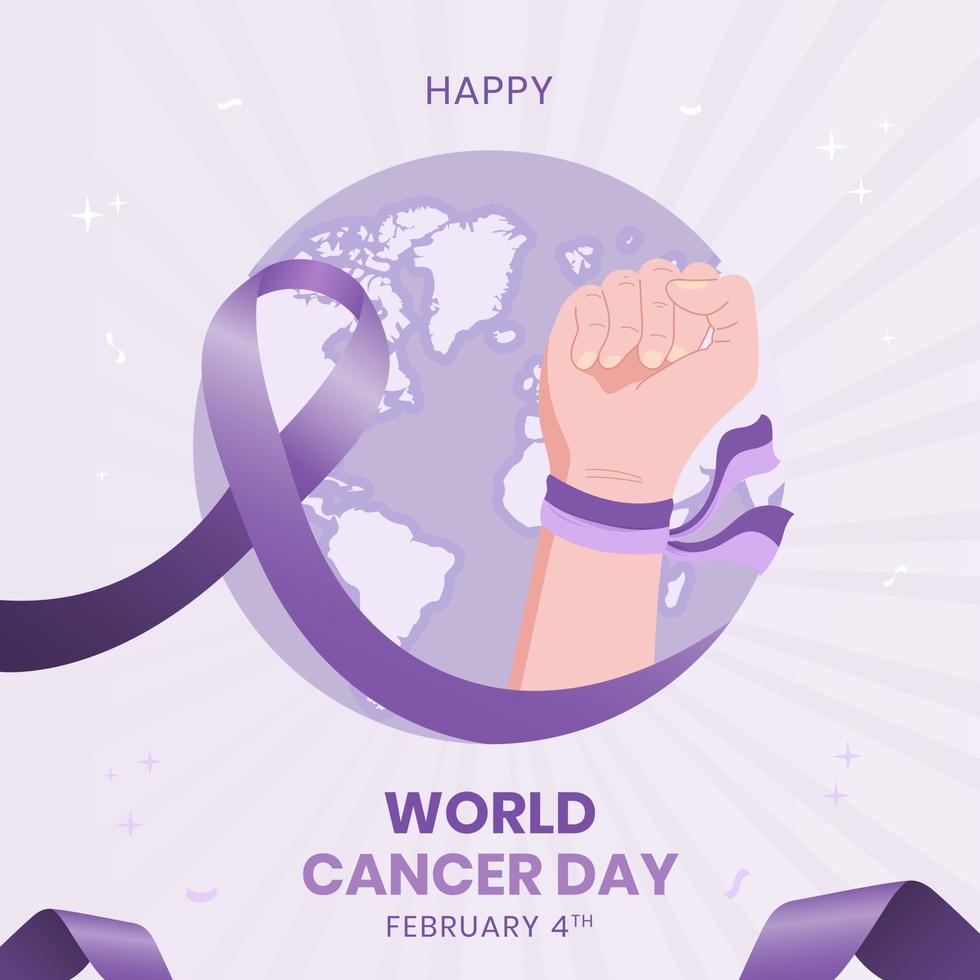 illustrazione della giornata mondiale del cancro con pugno di nastro viola e mappe su sfondo sunburst. design piatto della giornata mondiale del cancro del 4 febbraio vettore