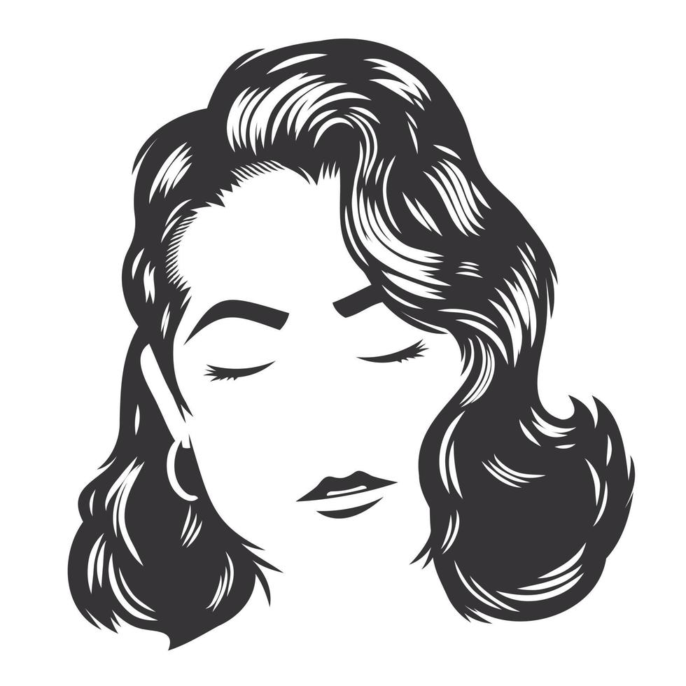 viso di donna con acconciature vintage per illustrazione di arte di linea di vettore di capelli lunghi.