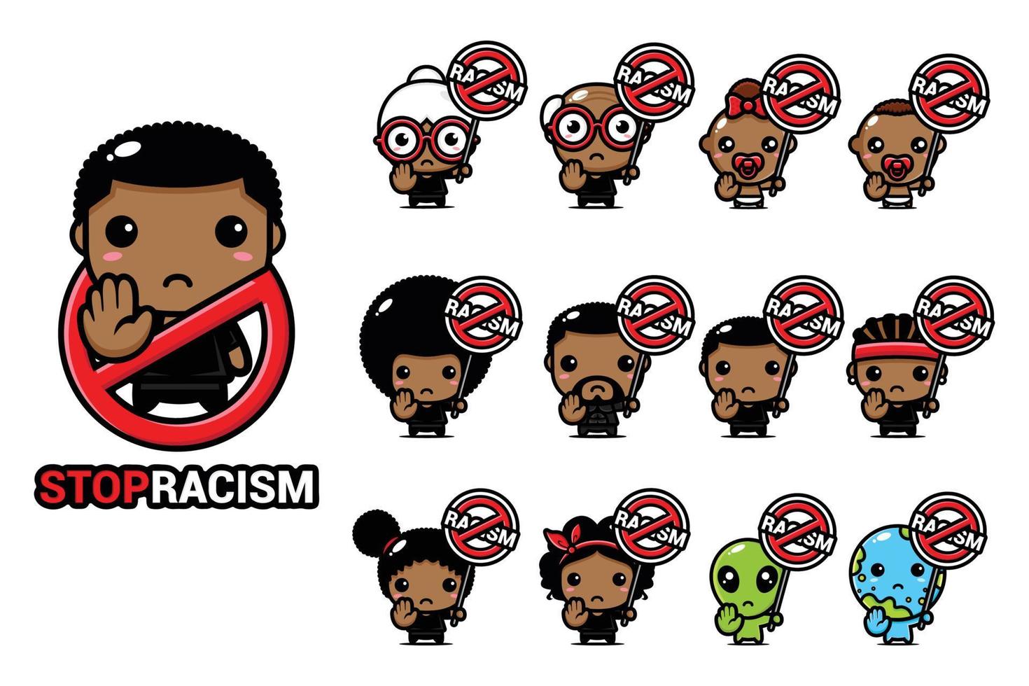 set di personaggi con simbolo di stop al razzismo vettore