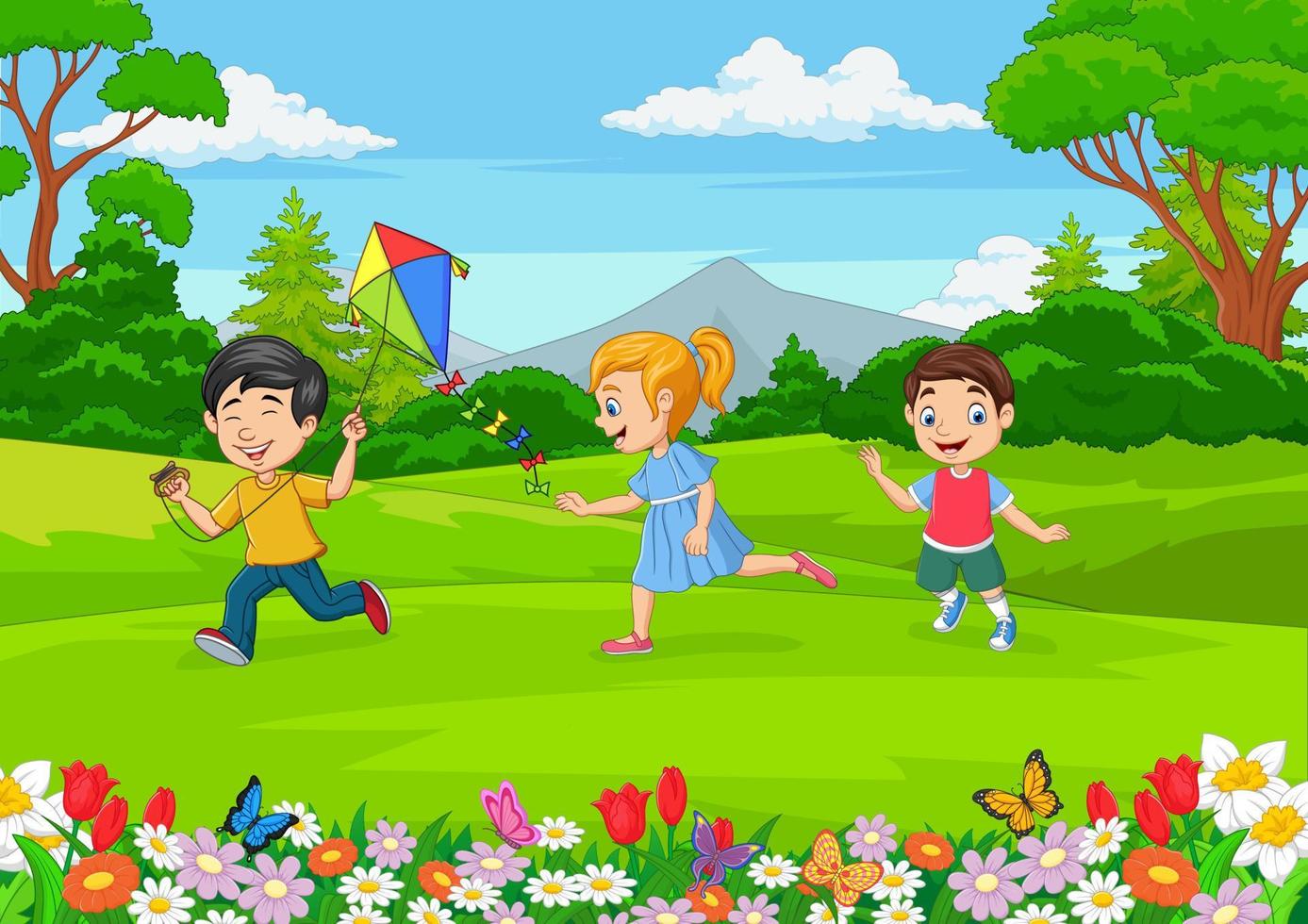 bambini piccoli dei cartoni animati che giocano in giardino vettore