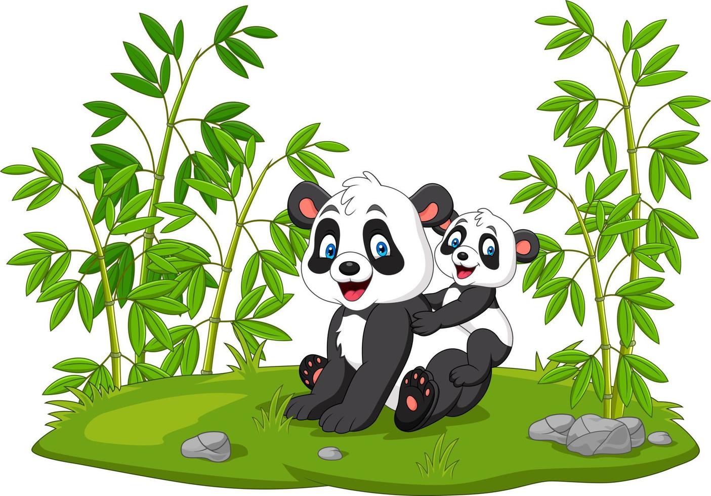 cartone animato mamma e bambino panda nell'albero di bambù vettore