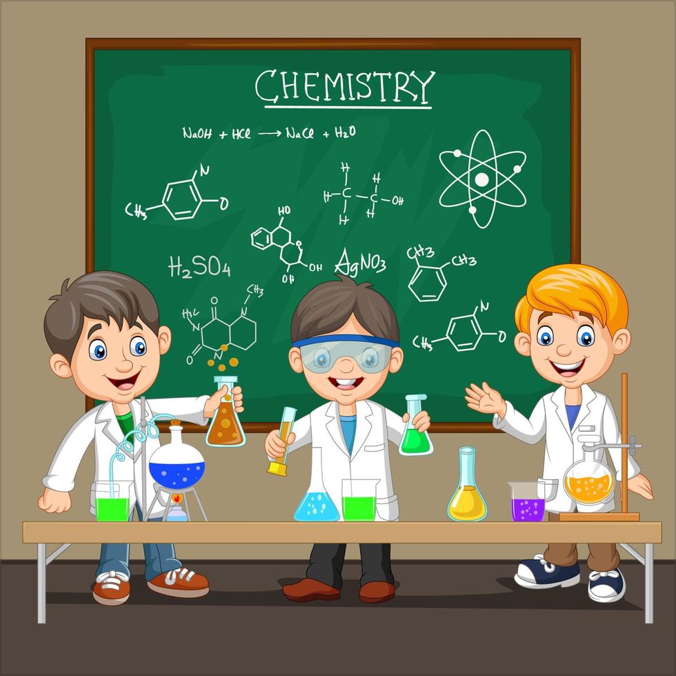 gruppo di ragazzo scienziato che fa esperimento chimico vettore