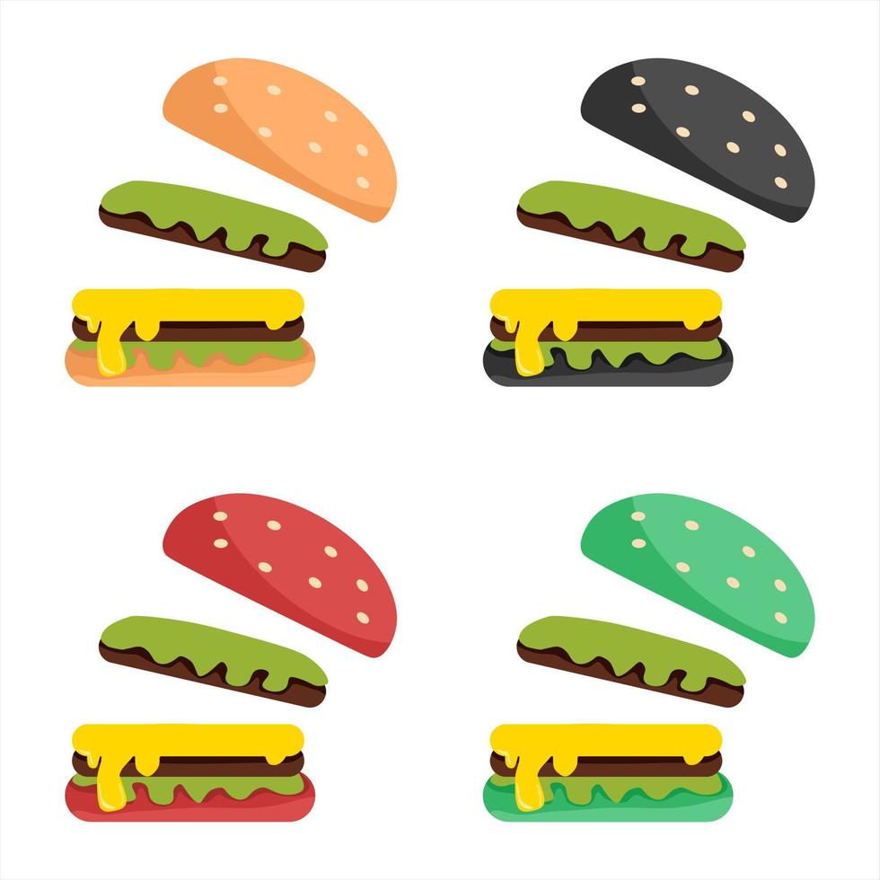 set di illustrazioni vettoriali di un hamburger che mostra l'interno, a tema su attività commerciali e ristoranti, perfetto per la pubblicità di prodotti alimentari.