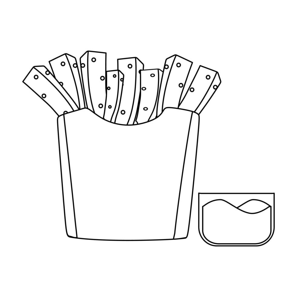 illustrazione vettoriale in bianco e nero di patatine fritte in un contenitore con salsa di pomodoro per libro da colorare e doodle