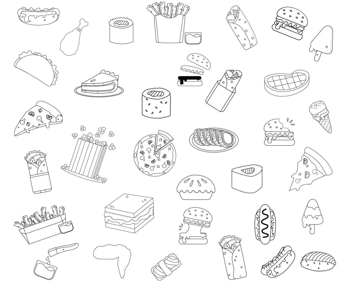 set di illustrazioni vettoriali in bianco e nero di fast food per libri da colorare e doodle