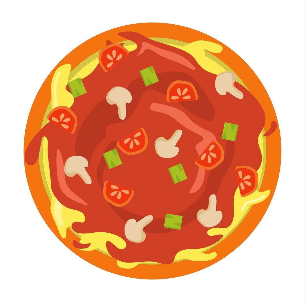 illustrazione vettoriale di pizza con salsa di pomodoro e formaggio, funghi e guarnizione di pomodoro. tema ristorante e cibo, adatto per pubblicizzare prodotti alimentari
