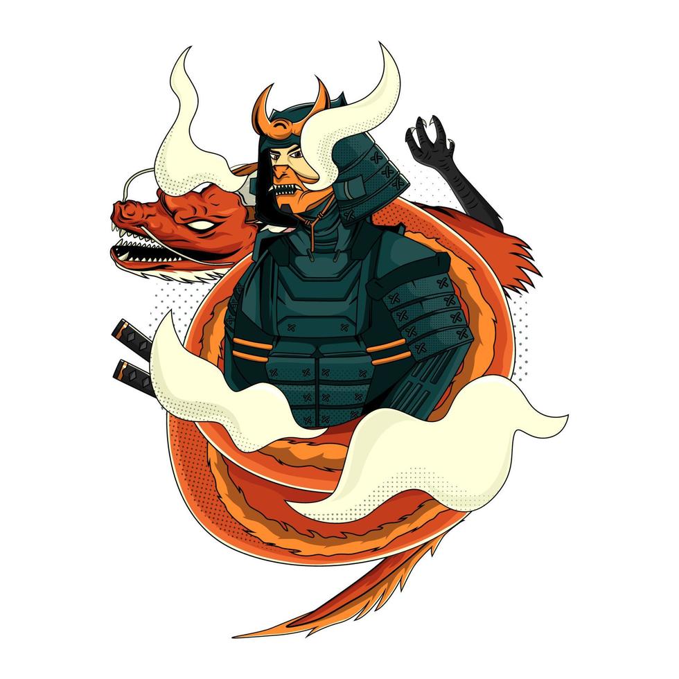 illustrazione di samurai e drago vettore