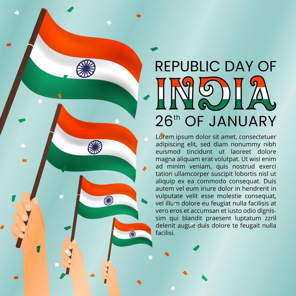 sfondo del giorno della repubblica dell'india con le mani che tengono le bandiere vettore