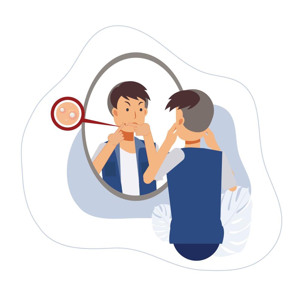 trattamento dell'acne.un uomo che si stringe il brufolo, guarda il suo riflesso nello specchio e si arrabbia a causa del problema dell'acne. trattamento per l'acne. illustrazione del personaggio dei cartoni animati di vettore piatto