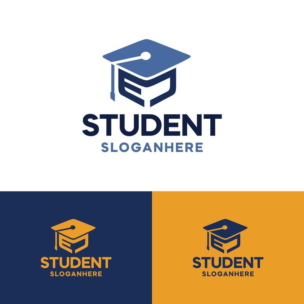 ed lettera per il logo dell'istruzione. studenti laureati felici forme blu scuro isolate su sfondo bianco. elementi del modello di progettazione logo vettoriale piatto.